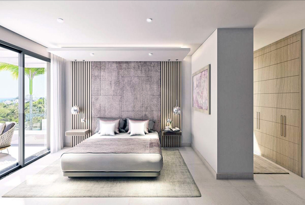 elegancka sypialnia w ekskluzywnej willi na sprzedaż Hiszpania (Estepona)