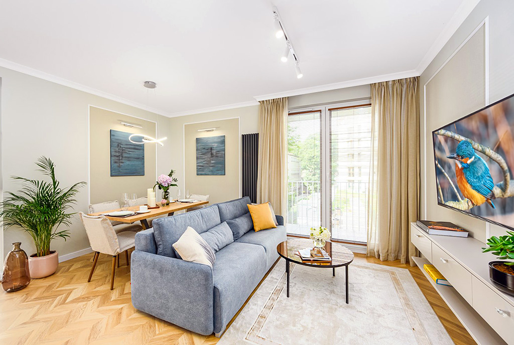 na zdjęciu pokój dzienny w luksusowym apartamencie na sprzedaż Gdańsk