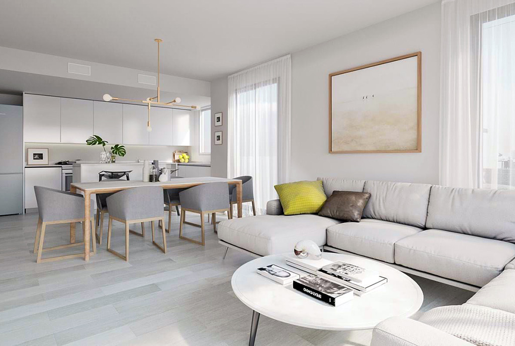 widok z salonu na aneks kuchenny w ekskluzywnym apartamencie do sprzedaży Hiszpania (Mijas Costa)
