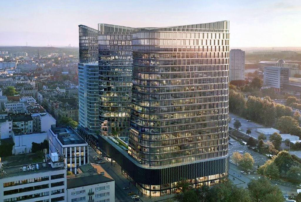 zaaranżowany we współczesnym designie wieżowiec, w którym mieści się oferowany na sprzedaż luksusowy apartament Katowice