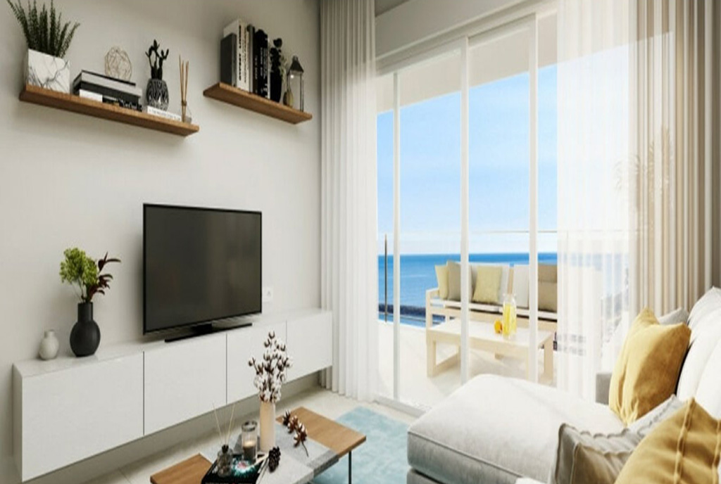 widok na salon w luksusowym apartamencie na sprzedaż Hiszpania (Denia)