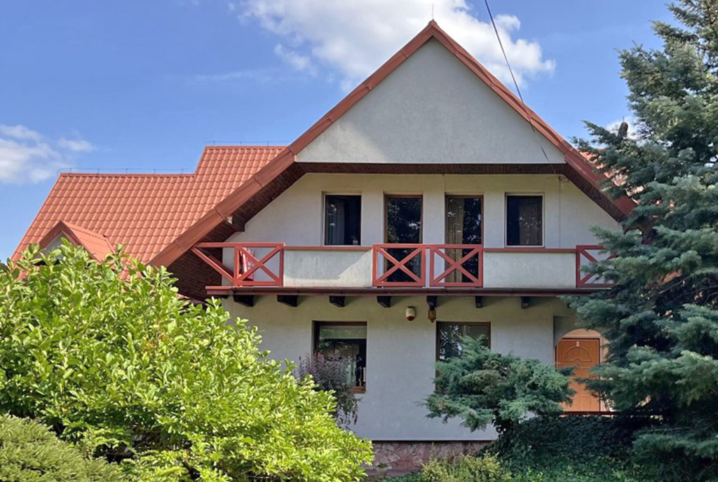 widok od strony ogrodu na luksusową willę na sprzedaż Piotrków Trybunalski (okolice)