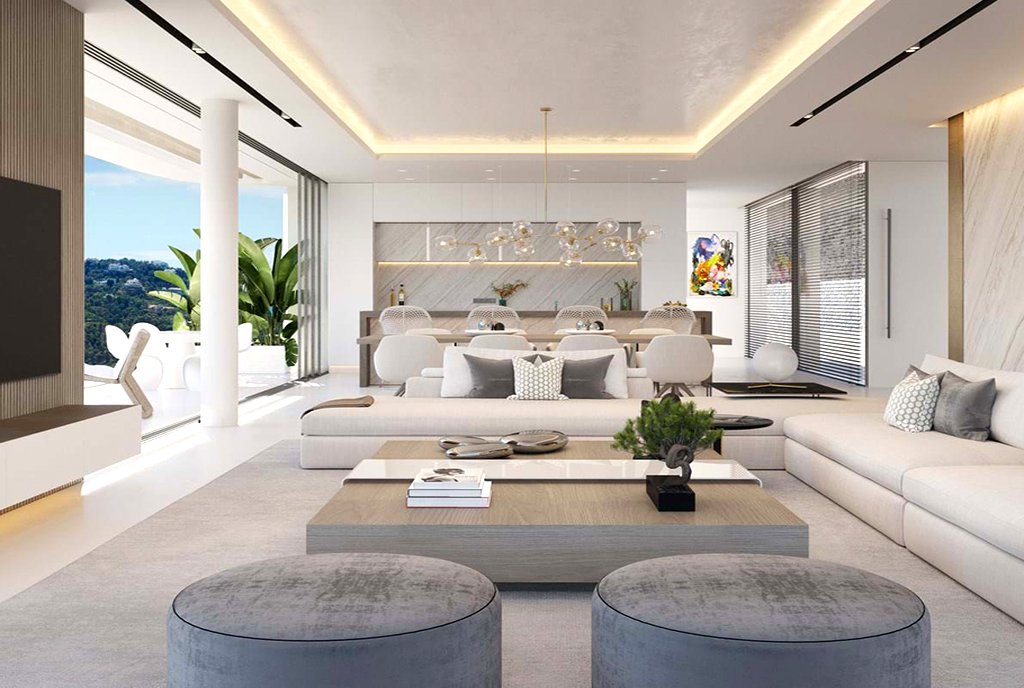 efektowne oświetlenie salonu w luksusowej willi na sprzedaż Hiszpania (Benahavís)