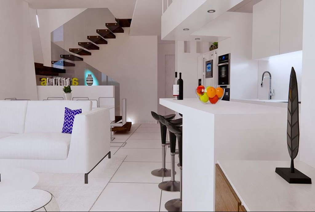 po lewej salon, po prawej kuchnia w luksusowej willi na sprzedaż Hiszpania (Estepona)