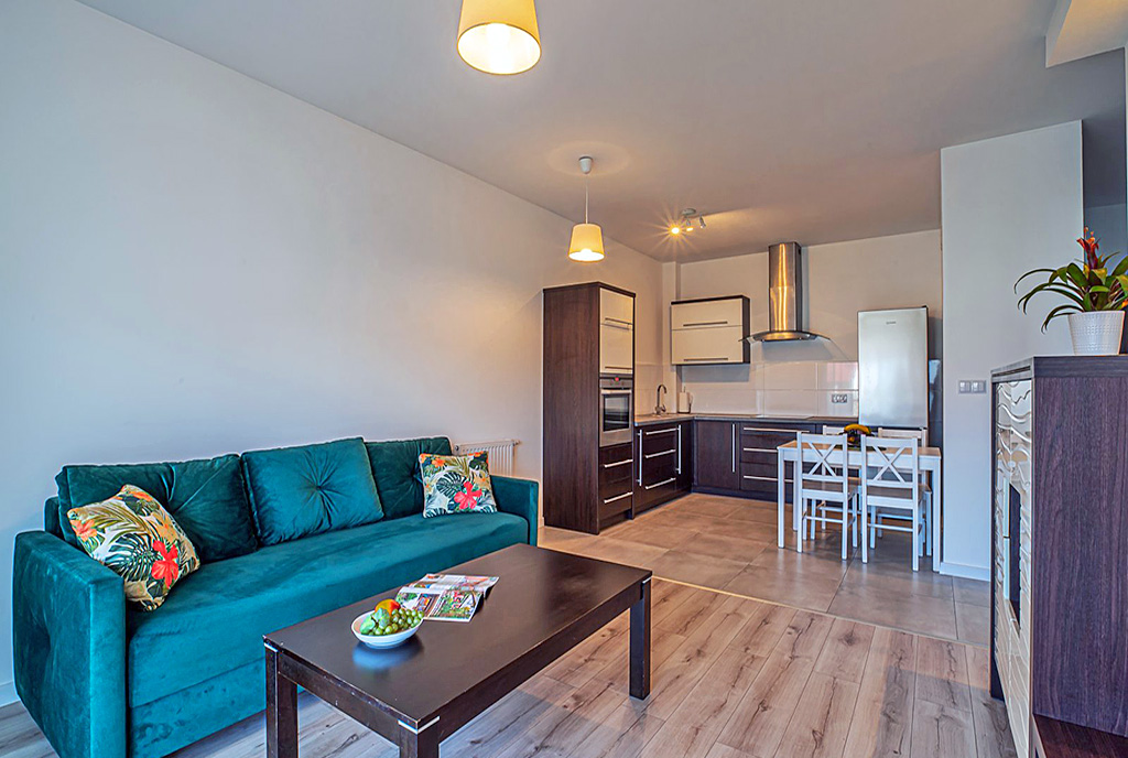 pokój gościnny oraz aneks kuchenny w luksusowym apartamencie do wynajmu Bolesławiec