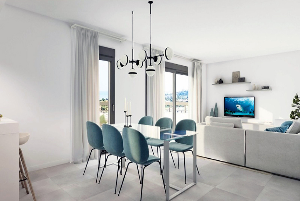 na pierwszym planie jadalnia w luksusowym apartamencie na sprzedaż Hiszpania (Estepona)