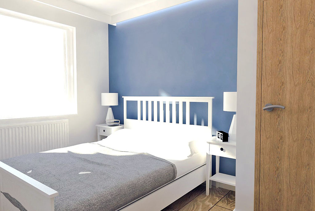 zaprojektowana zgodnie z najnowszymi trendami sypialnia w luksusowym apartamencie do sprzedaży Gdańsk (okolice)