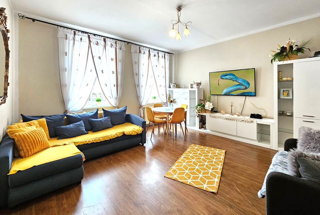 zaprojektowany zgodnie z najnowszymi trendami salon w ekskluzywnym apartamencie do sprzedaży Zielona Góra (okolice)