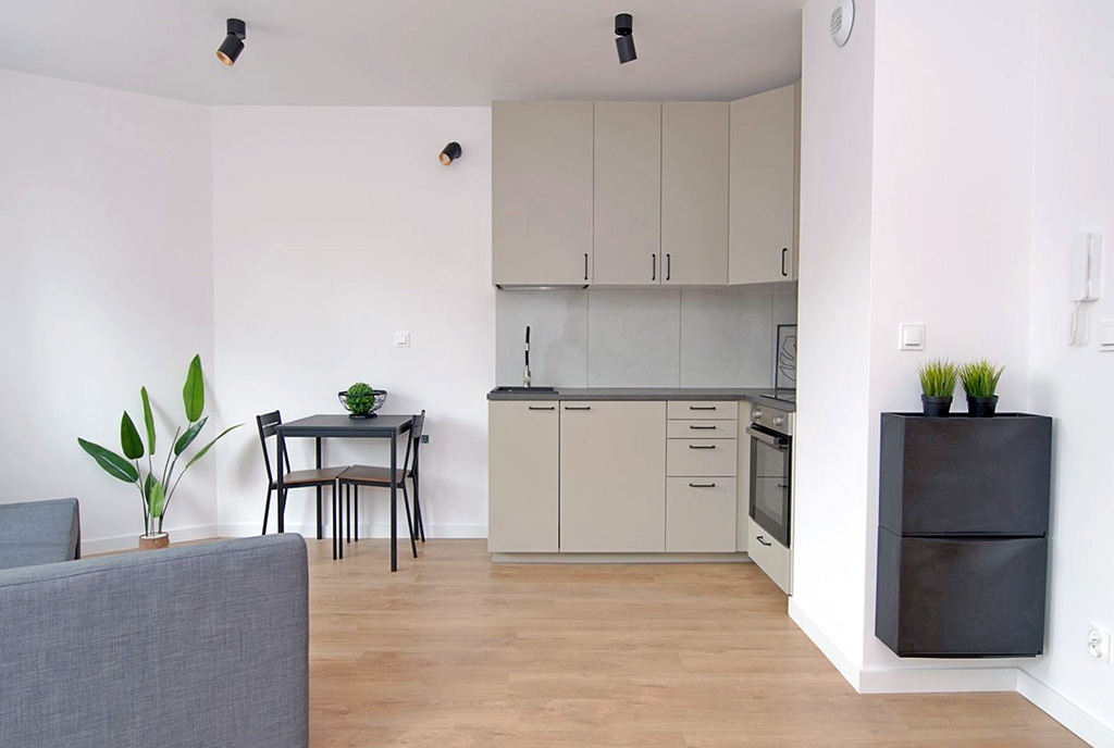 widok na kuchnię w luksusowym apartamencie do wynajmu Poznań
