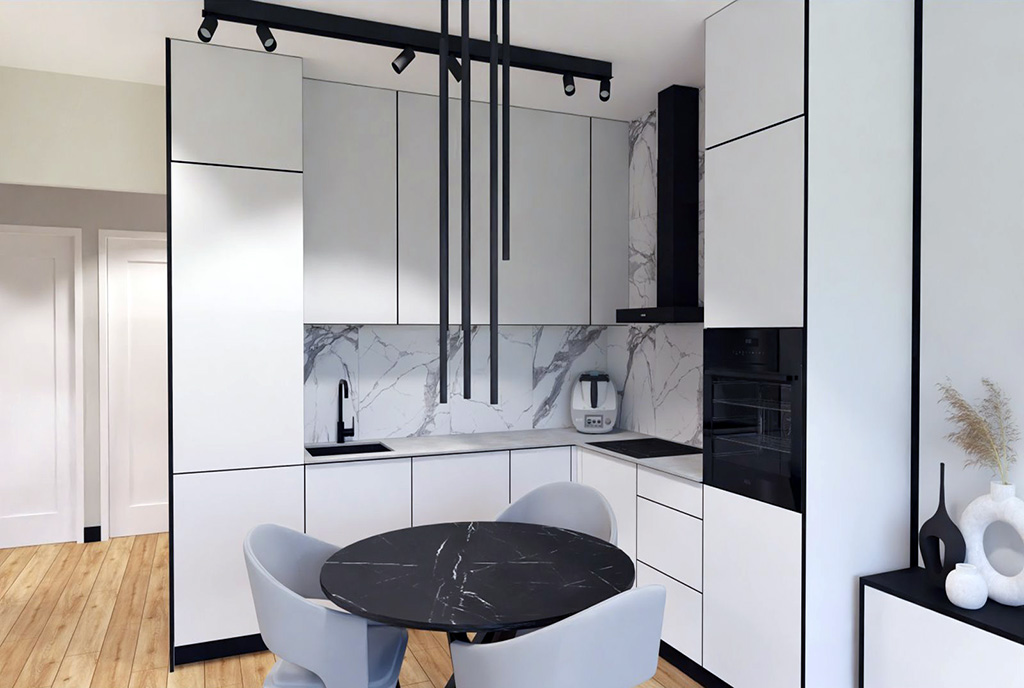 na pierwszym planie jadalnia w luksusowym apartamencie na sprzedaż Elbląg