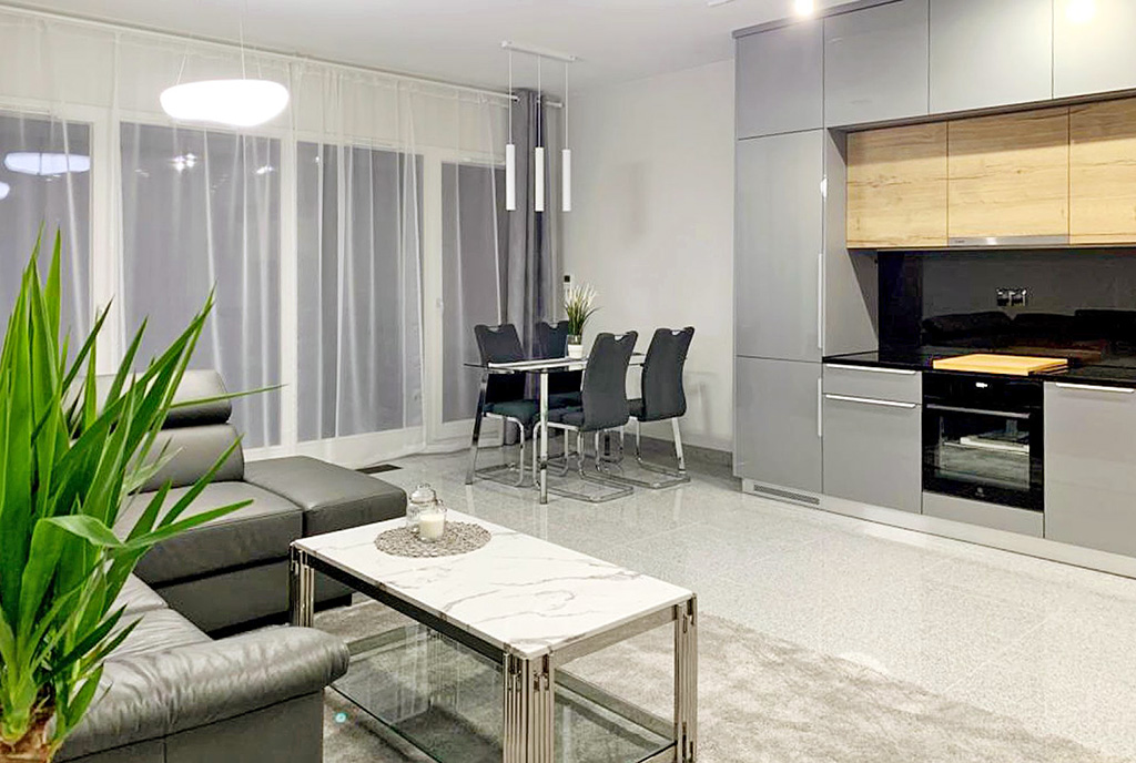 nowoczesna zabudowa salonu w ekskluzywnym apartamencie do sprzedaży Gdańsk