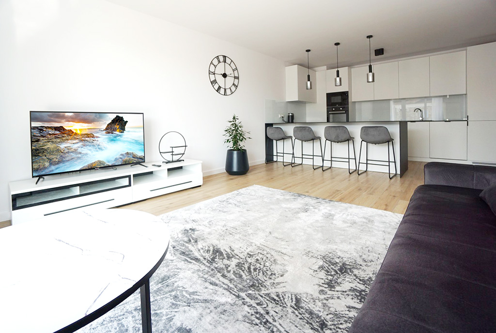 nowoczesna aranżacja pokoju dziennego w ekskluzywnym apartamencie do wynajęcia Piotrków Trybunalski