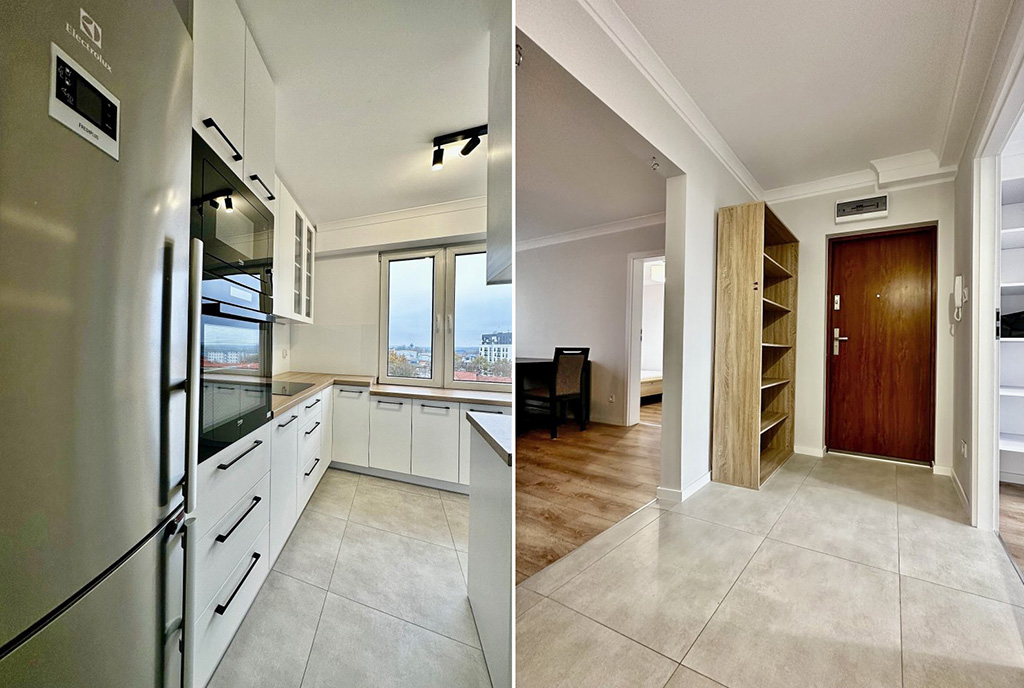 po lewej aneks kuchenny, po prawej hol w luksusowym apartamencie na wynajem Słupsk