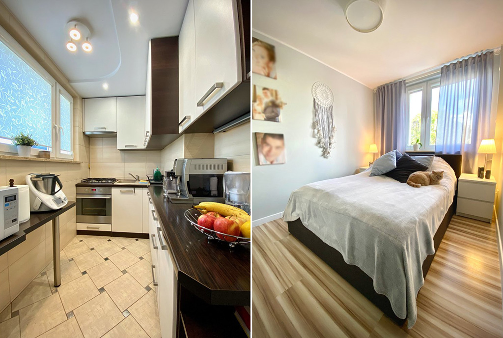 po lewej kuchnia, po prawej sypialnia w luksusowym apartamencie na sprzedaż Elbląg