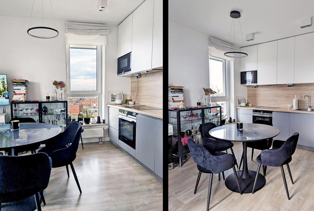 po lewej kuchnia po prawej jadalnia w luksusowym apartamencie na sprzedaż Gdańsk