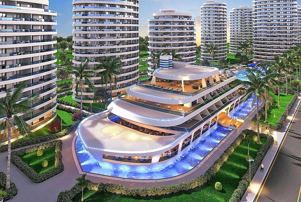 wizualizacja fantastycznie oświetlonego osiedla, gdzie mieści się ekskluzywny apartament na sprzedaż Cypr (Iskele)