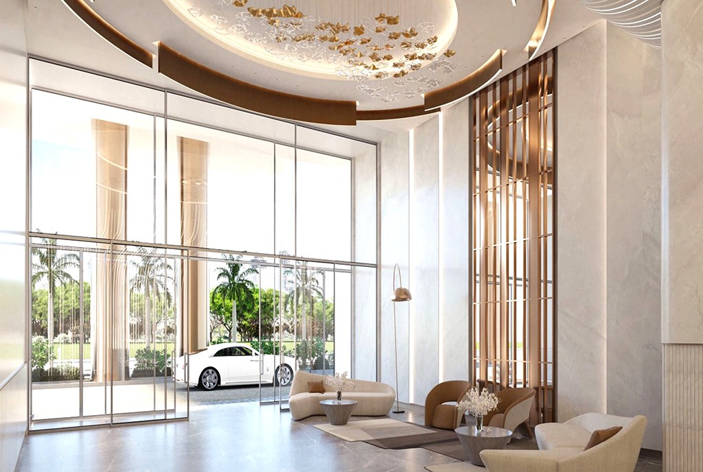 imponujące lobby w apartamentowcu, gdzie znajduje się oferowany na sprzedaż luksusowy apartament Dubaj