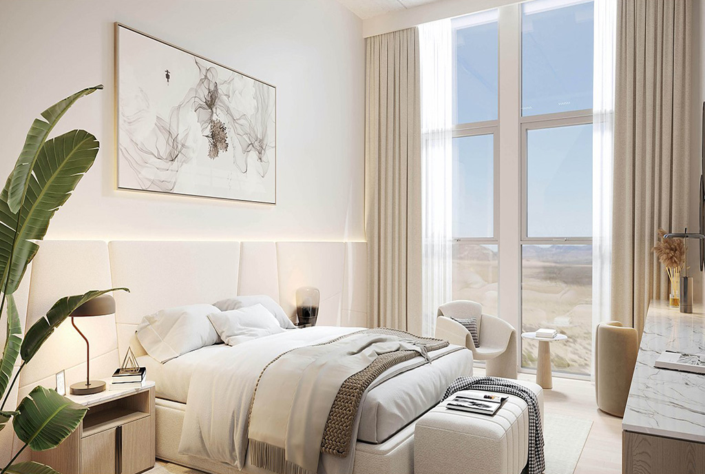 przytulna sypialnia w luksusowym apartamencie do sprzedaży Dubaj (okolice)