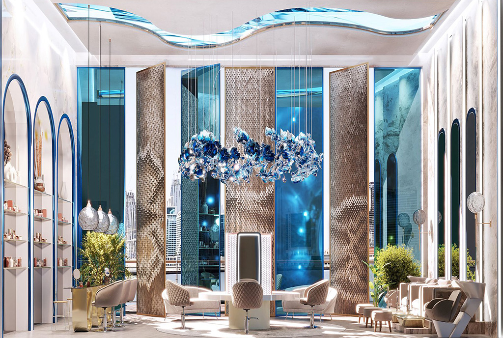 futurystyczne lobby w budynku, gdzie znajduje się oferowany na sprzedaż luksusowy apartament Dubaj