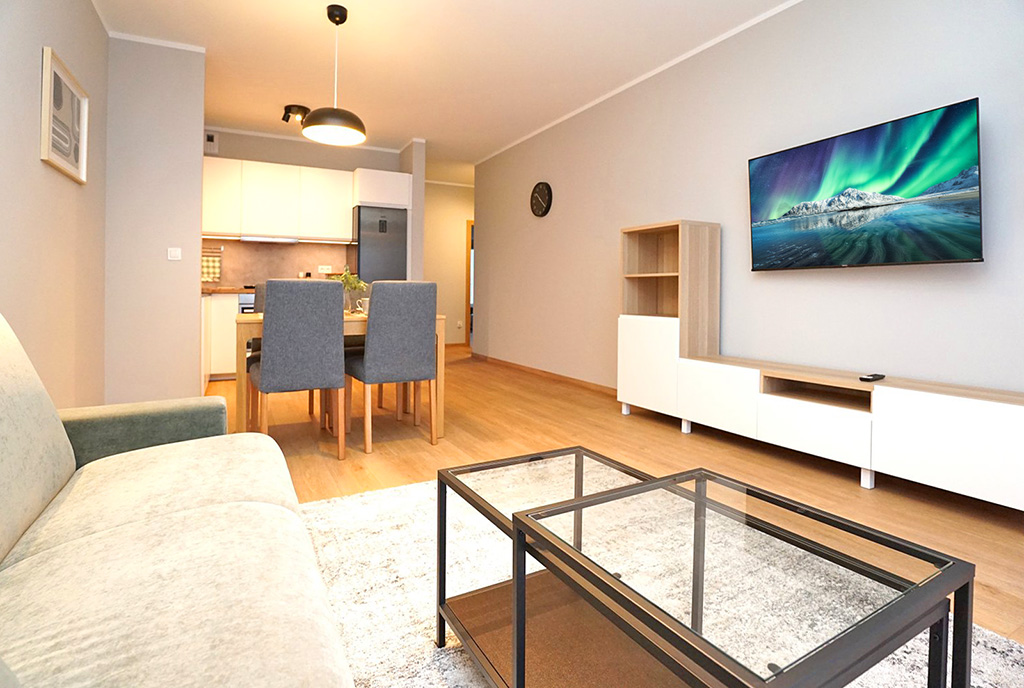 na zdjęciu salon oraz aneks kuchenny w ekskluzywnym apartamencie do wynajęcia Piotrków Trybunalski