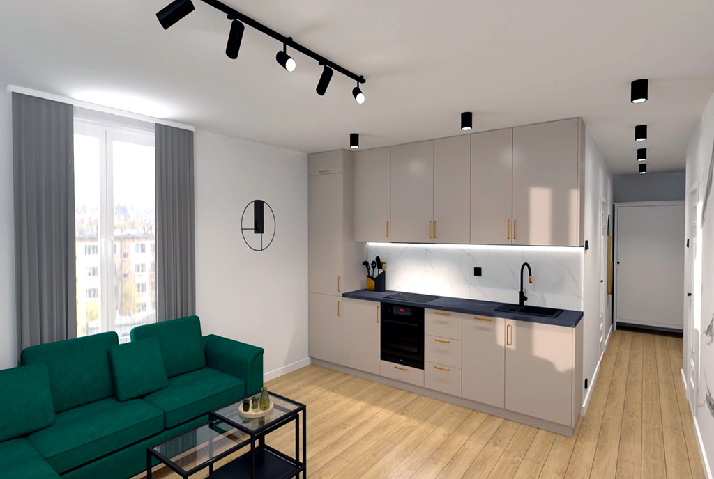widok na kuchnię w luksusowym apartamencie na sprzedaż Elbląg