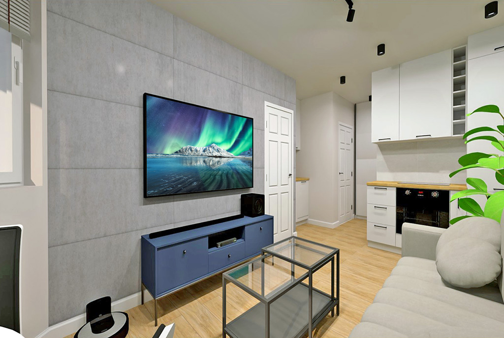futurystyczny design salonu w ekskluzywnym apartamencie do sprzedaży Elbląg