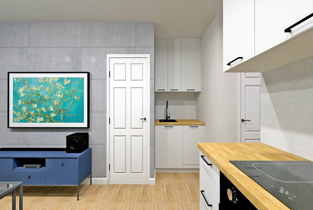 po lewej salon, po prawej kuchnia w luksusowym apartamencie na sprzedaż Elbląg