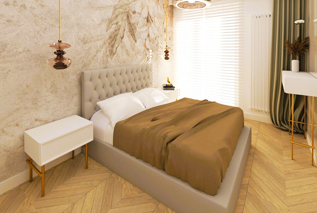 elegancka sypialnia w ekskluzywnym apartamencie na sprzedaż nad morzem
