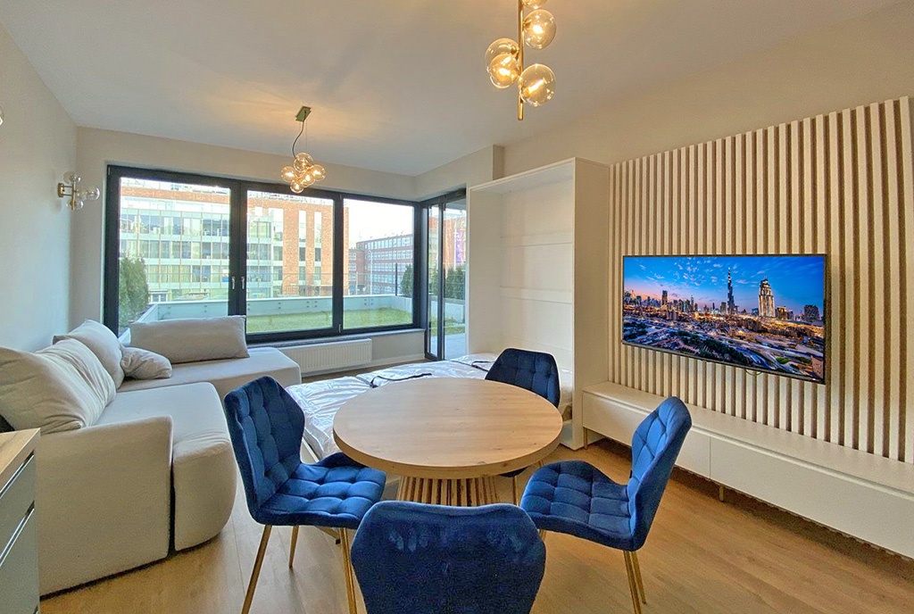 nowoczesny salon w ekskluzywnym apartamencie do wynajęcia Szczecin