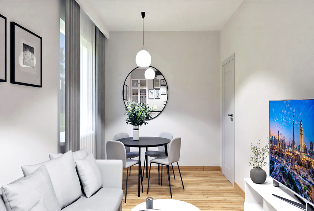 widok na pokój dzienny i jadalnię w luksusowym apartamencie na sprzedaż Elbląg