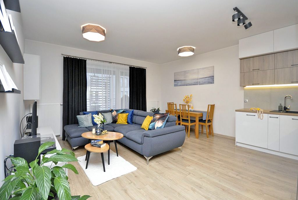 nowoczesna aranżacja salonu w ekskluzywnym apartamencie do sprzedaży Gdynia (okolice)