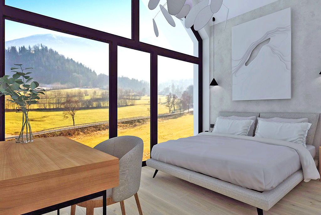 sypialnia z widokiem na góry w ekskluzywnym apartamencie na sprzedaż Jelenia Góra (okolice)