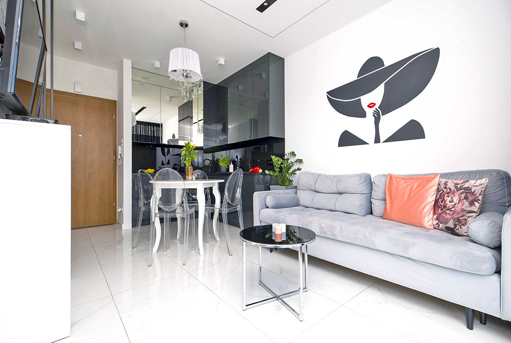 widok z salonu na aneks kuchenny w ekskluzywnym apartamencie na sprzedaż Katowice