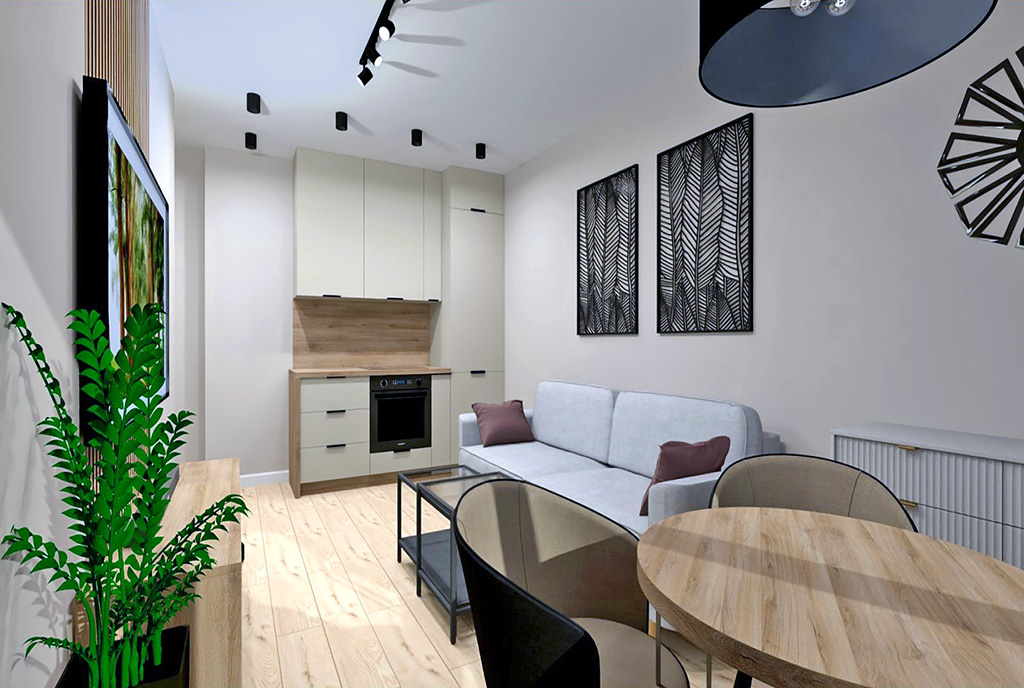 widok z salonu na aneks kuchenny w luksusowym apartamencie na sprzedaż Elbląg