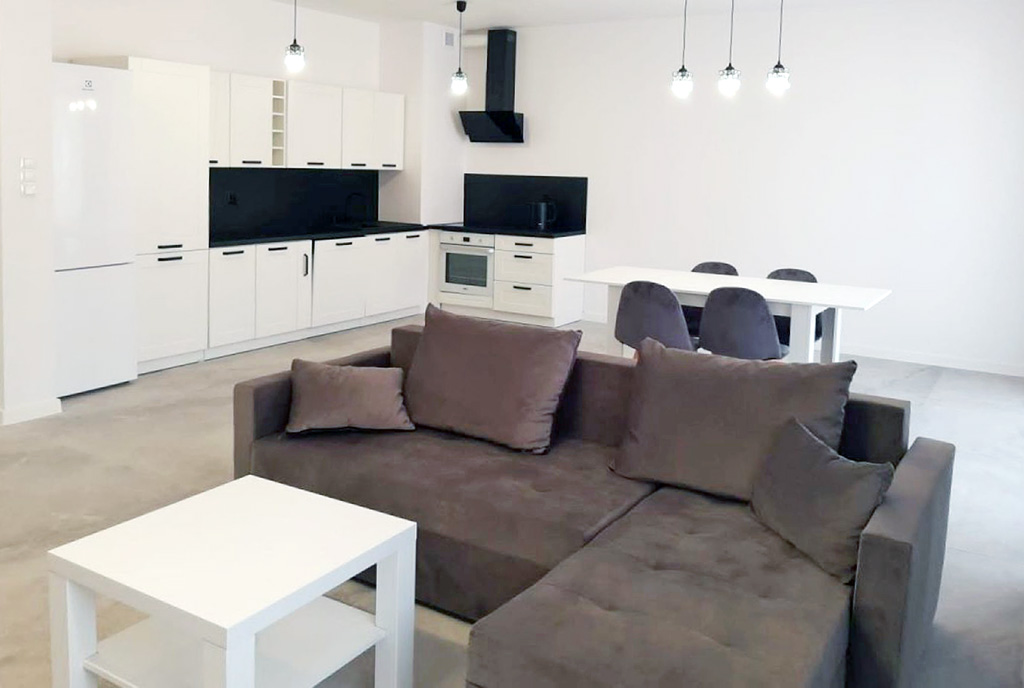 nowoczesny salon i kuchnia w ekskluzywnym apartamencie do wynajęcia Legnica (okolice)