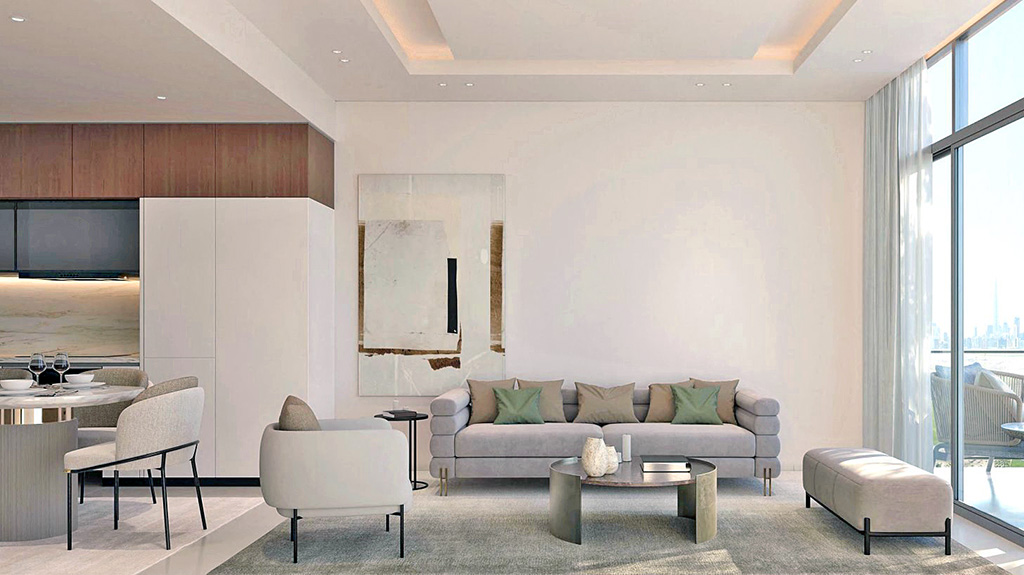 futurystyczny pokój dzienny w ekskluzywnym apartamencie na sprzedaż Dubaj