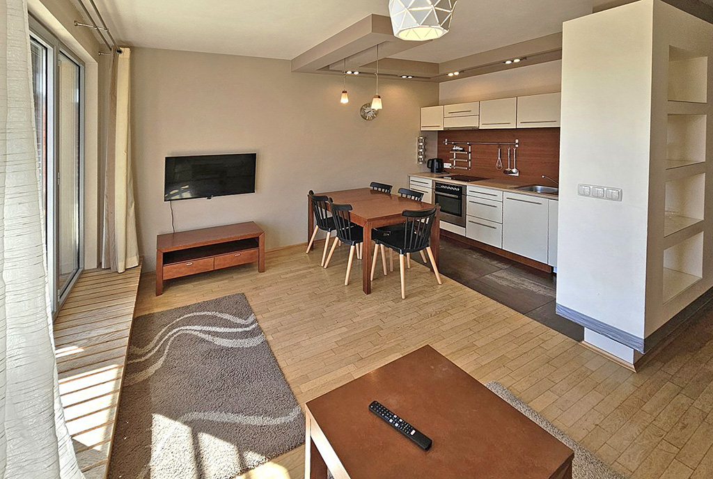 po lewej salon, po prawej aneks kuchenny w luksusowym apartamencie do wynajmu Ustroń