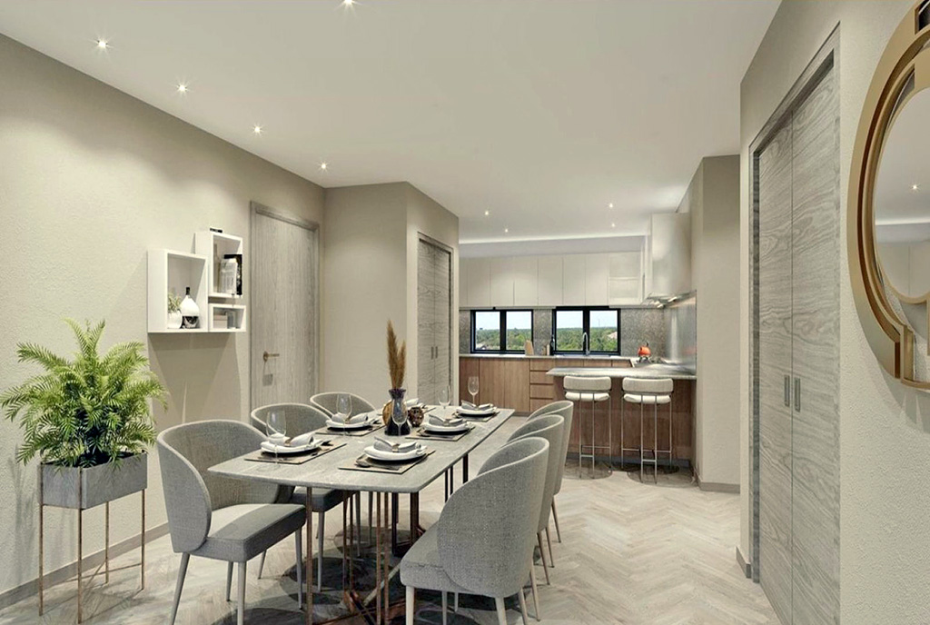 widok na jadalnię ora kuchnię w luksusowym apartamencie na sprzedaż Dominikana (Punta Cana)
