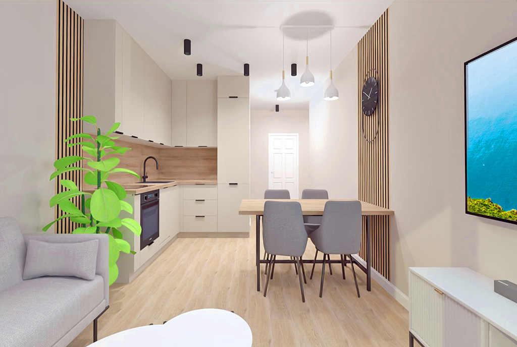 widok na jadalnię i kuchnię w luksusowym apartamencie na sprzedaż Elbląg