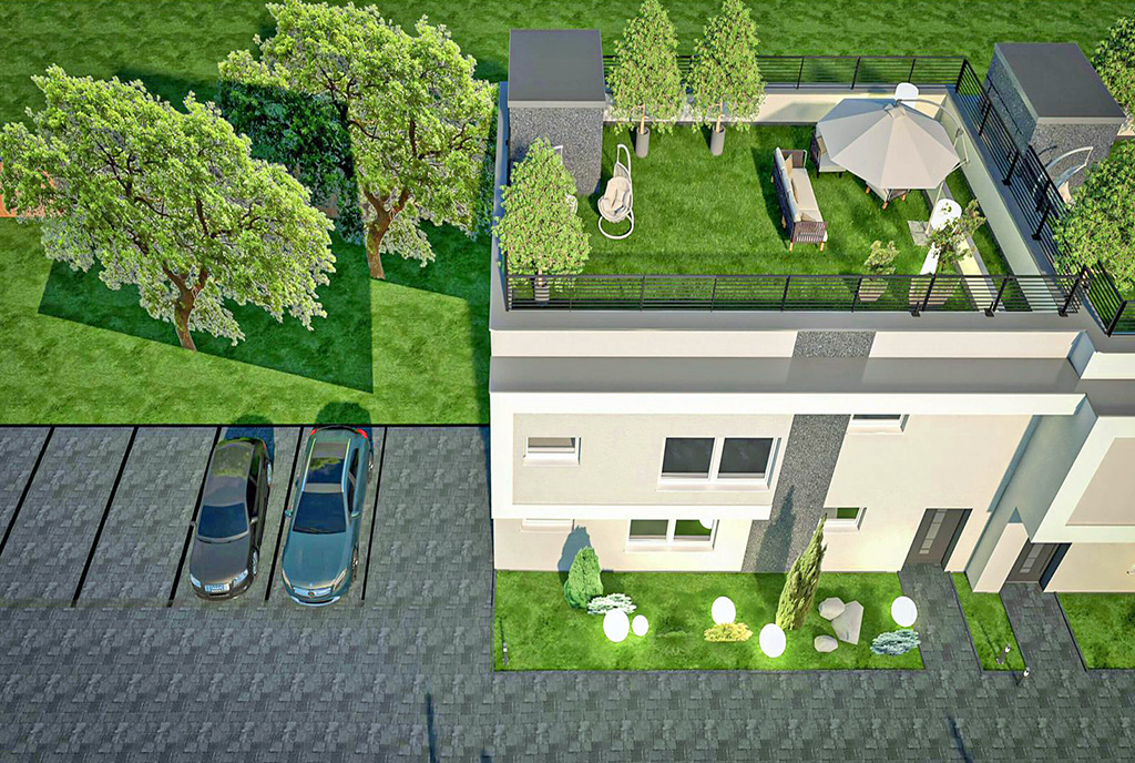 wizualizacja z góry pokazująca apartamentowiec, w którym mieści się oferowany do sprzedaży ekskluzywny apartament Katowice okolice