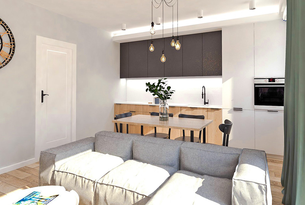 na zdjęciu pokój dzienny i kuchnia w luksusowym apartamencie na sprzedaż Ostrów Wielkopolski