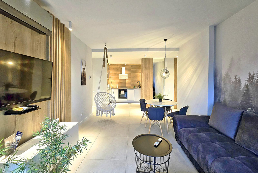 widok na pokój dzienny w luksusowym apartamencie na sprzedaż Ustron