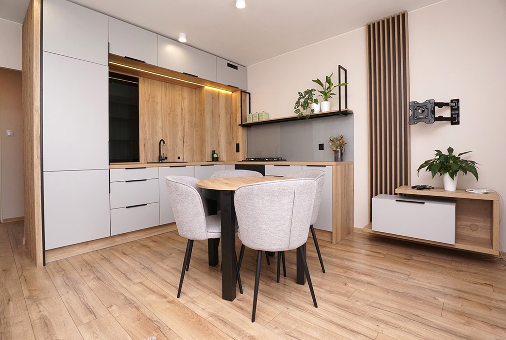 zaprojektowane w nowoczesnym stylu wnętrze luksusowego apartamentu do wynajęcia Piotrków Trybunalski