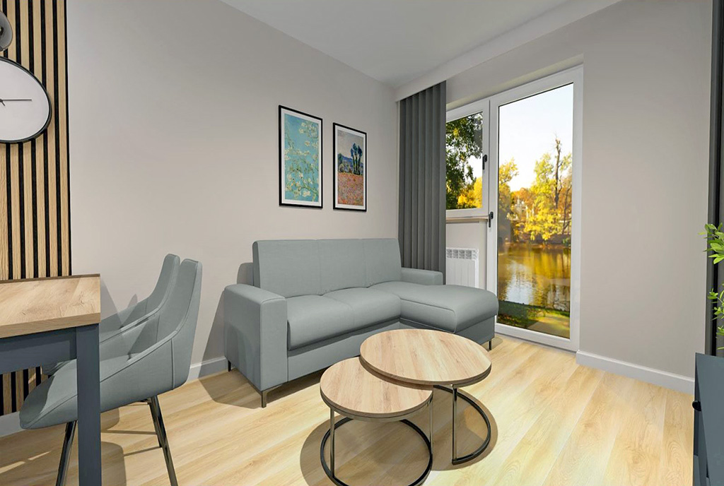 widok na pokój dzienny w luksusowym apartamencie na sprzedaż Elbląg