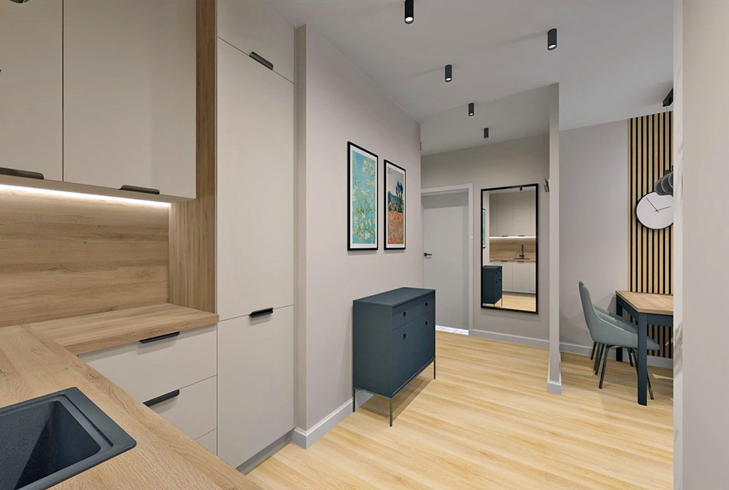 funkcjonalny hol i kuchnia w luksusowym apartamencie do sprzedaży Elbląg