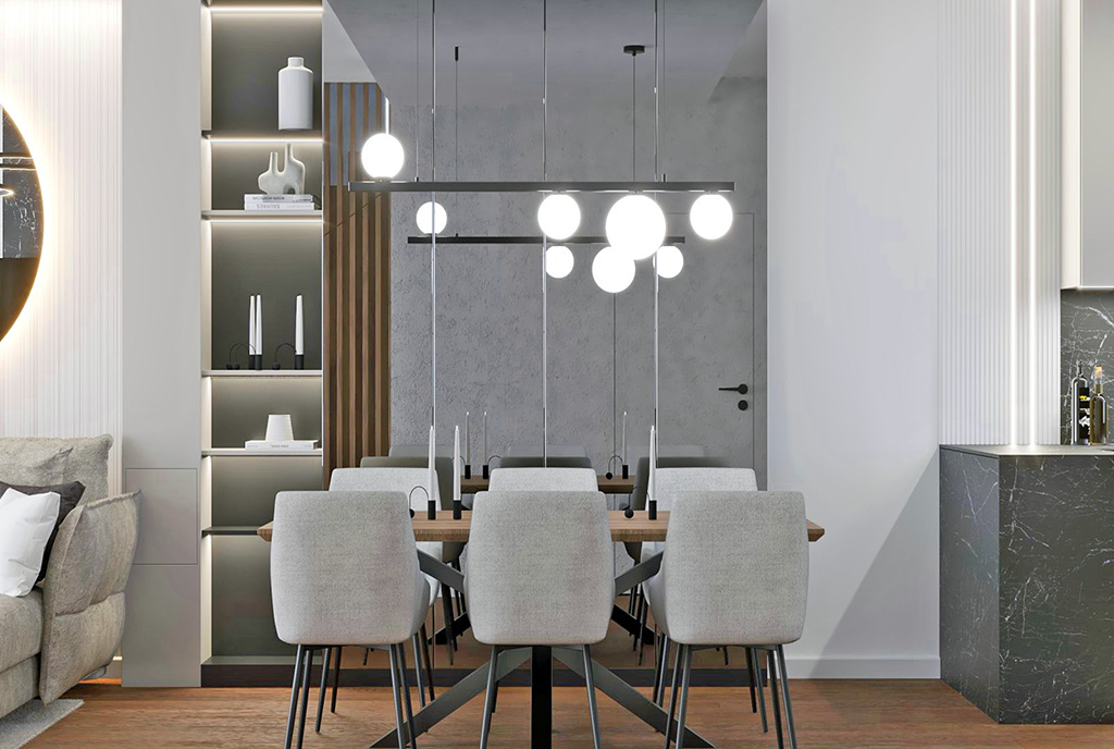na pierwszym planie jadalnia w luksusowym apartamencie na sprzedaż Katowice