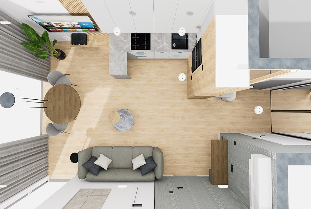 rzut z góry pokazujący salon w luksusowym apartamencie na wynjem Katowice