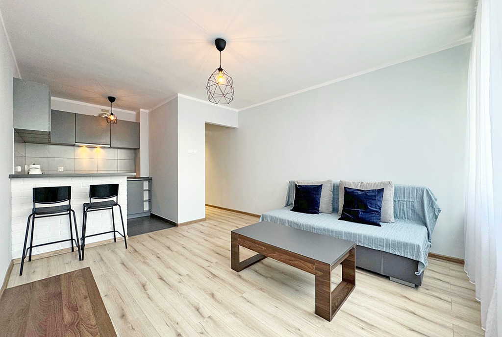 salon i kuchnia w ekskluzywnym apartamencie do wynajęcia Szczecin
