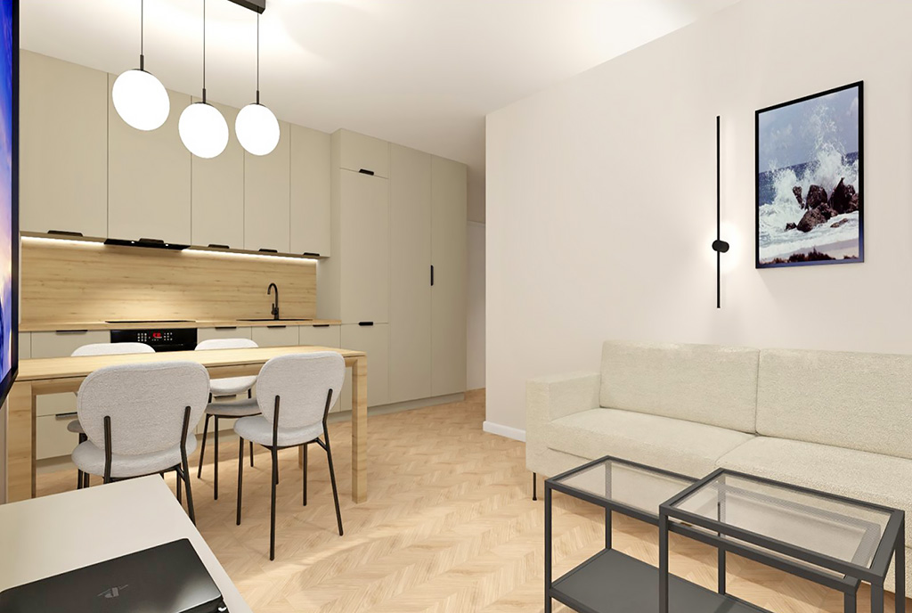 na pierwszym planie salon, w oddali aneks kuchenny w luksusowym apartamencie na sprzedaż Elbląg