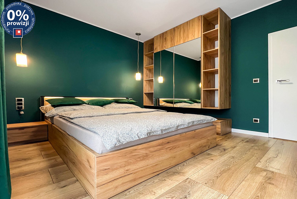 zielony kolor w sypialni ekskluzywnego apartamentu do sprzedaży Katowice (okolice)